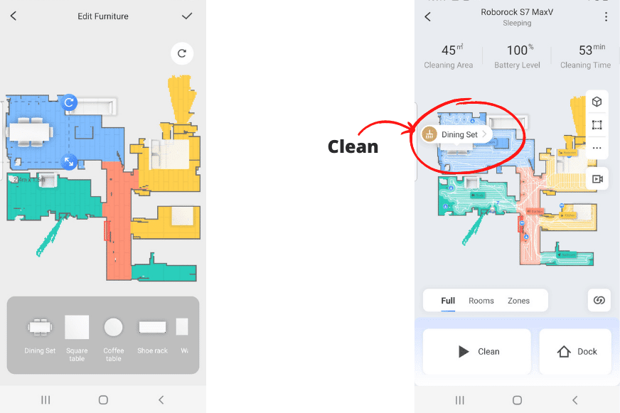 В приложении Roborock S7 MaxV установлено, что робот должен убрать только под столом.